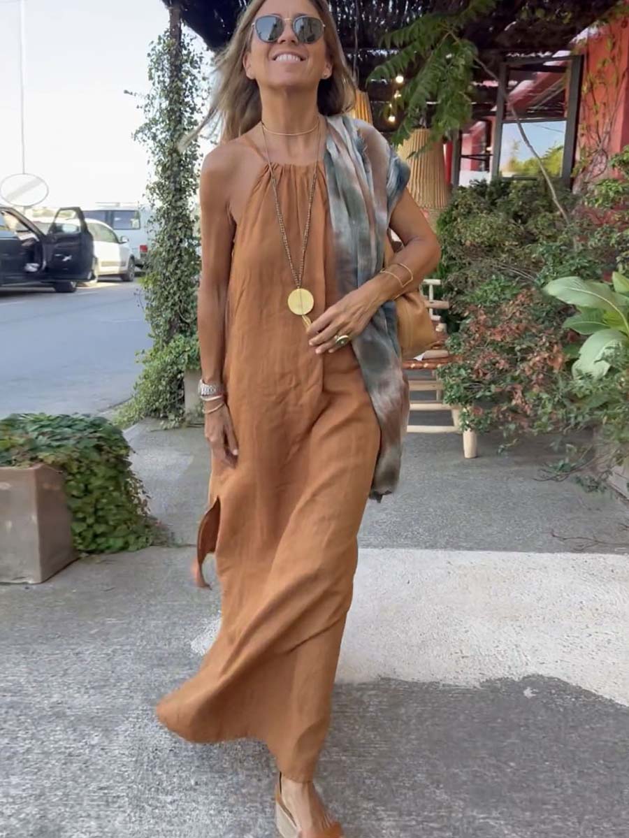 Stunncal Hanging Neck Slit Casual Vacation Dress