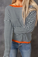 Stunncal Striped Color Contrast Dropped Shoulder Long Sleeve Top