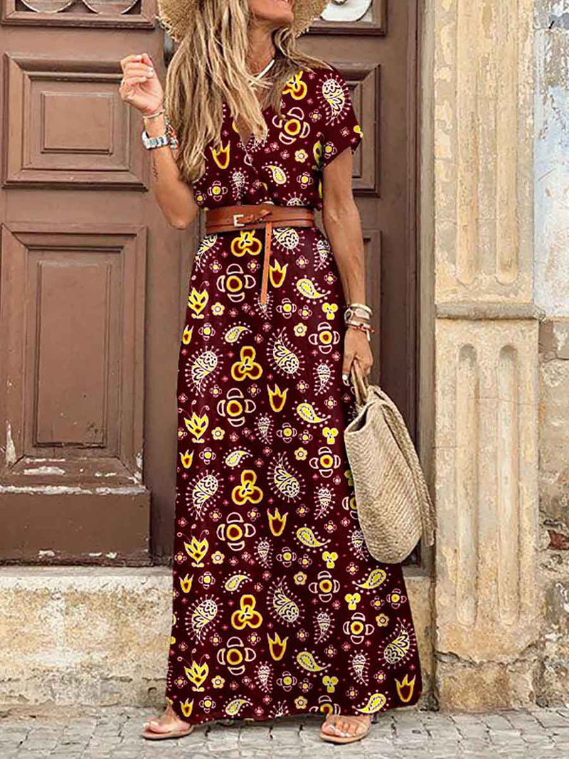 Stunncal Boho Style V-neck Floral Belt Dress (7 colors)