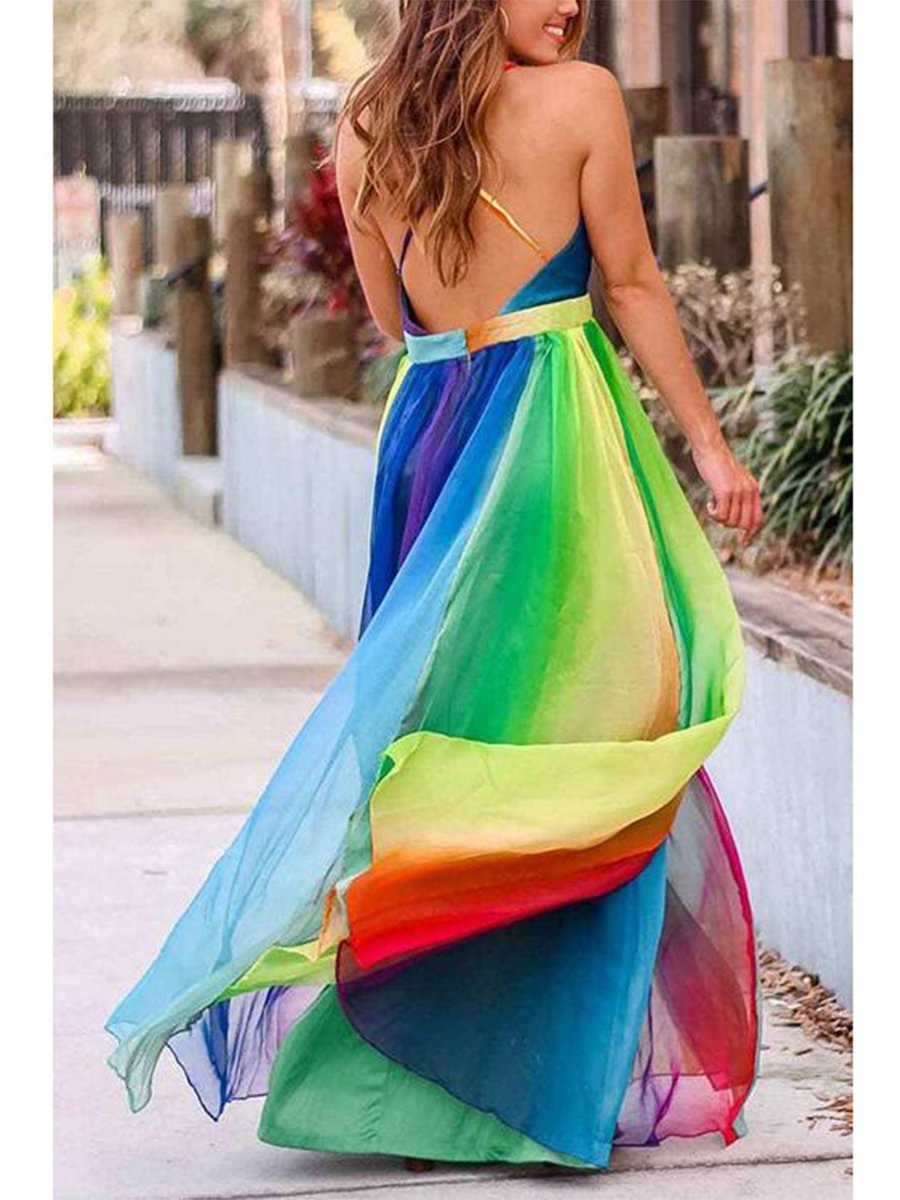 V-neck Colorblock Striped Sphagetti Maxi Dress