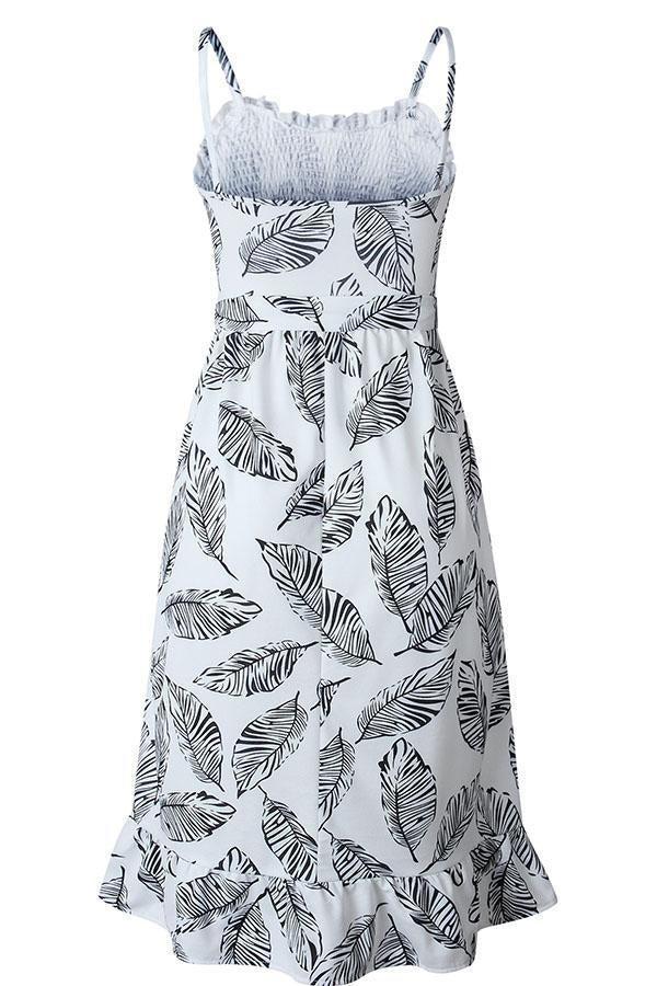 Stunncal Sleeveless Leaf Print Spaghetti Strap Casual Wear Dress