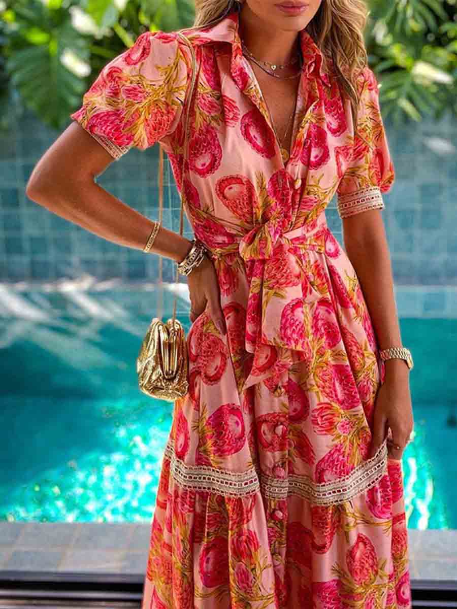 Stunncal Bohemian Printed Lace Belt Dress