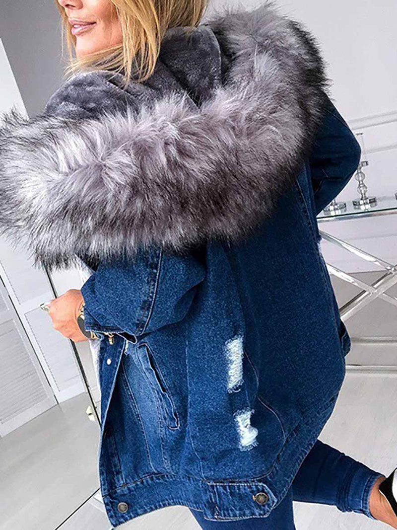 Stunncal Padded Warm Hole Large Fur Collar Denim Jacket(4 colors)