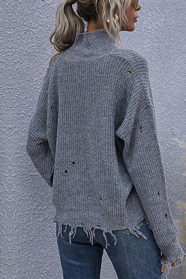 Stunncal Loose Off-shoulder Ripped Long-sleeved High-neck Knitted Sweater