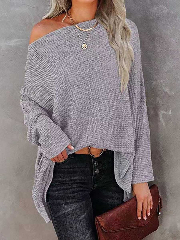 Stunncal Solid Color Knitted Bat Long Sleeve Sweater