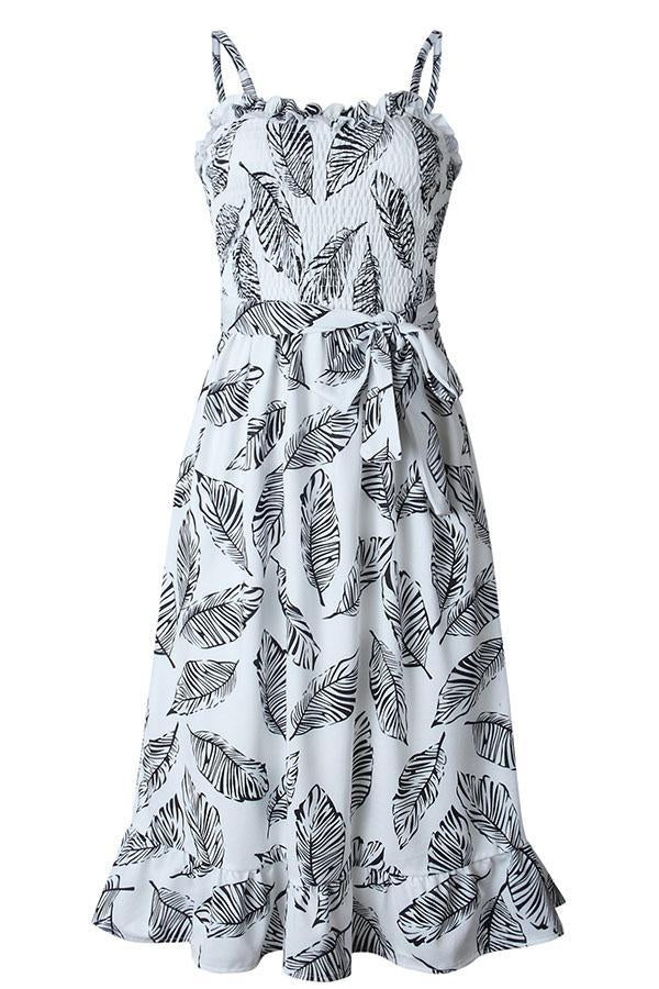 Stunncal Sleeveless Leaf Print Spaghetti Strap Casual Wear Dress