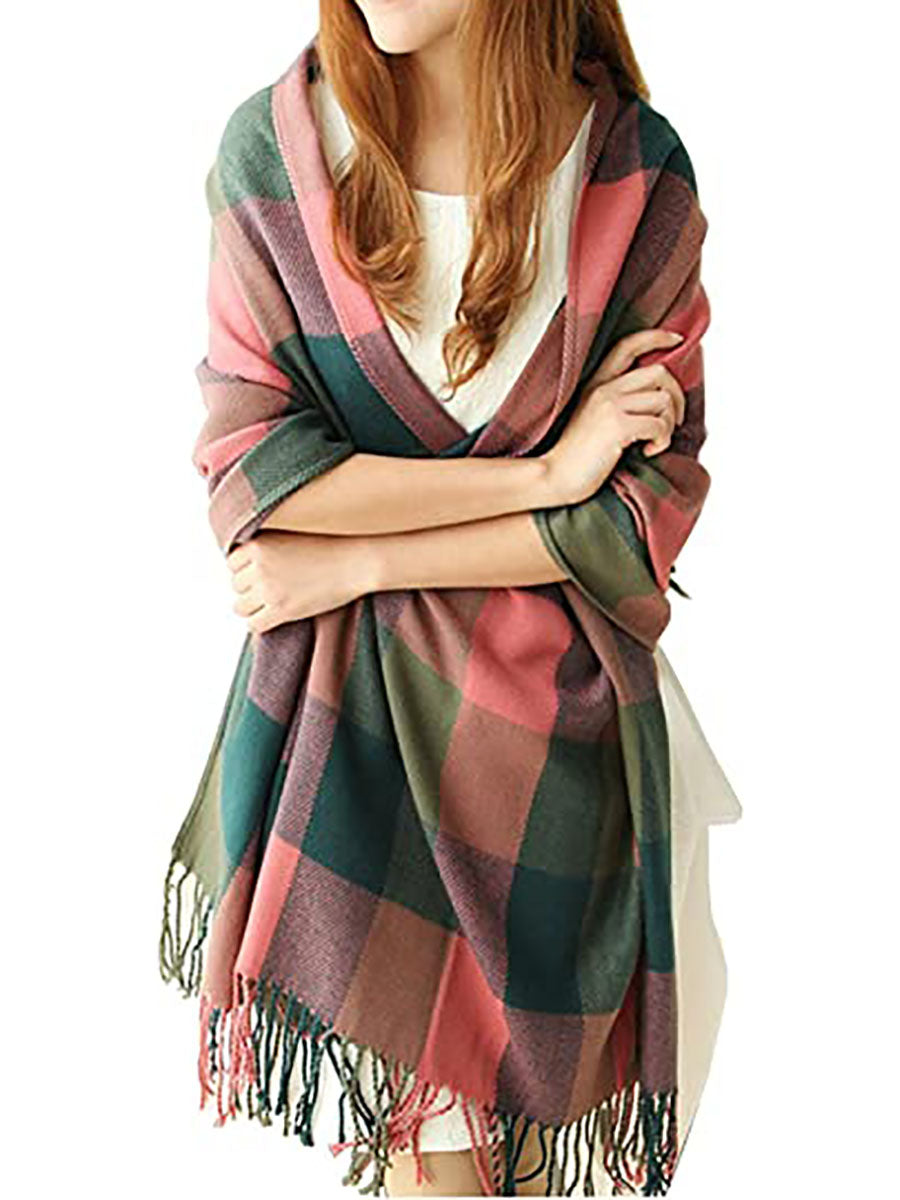 Stunncal Warm Plaid Tassel Scarf