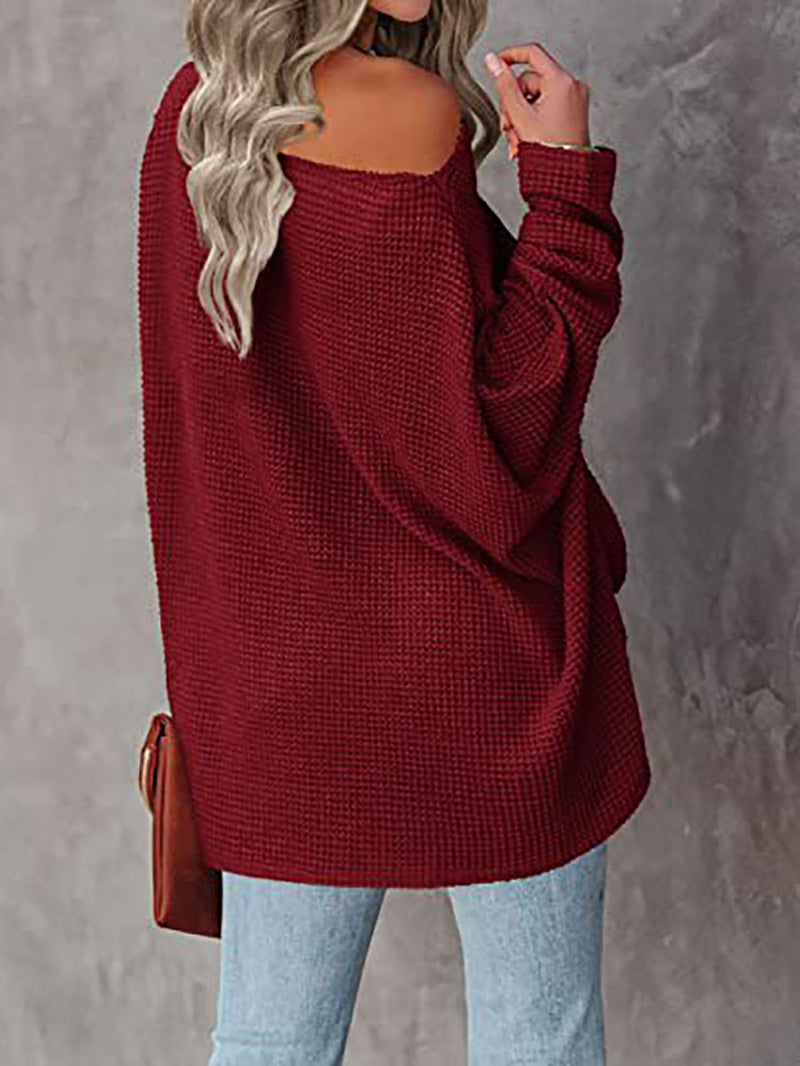 Stunncal Solid Color Knitted Bat Long Sleeve Sweater