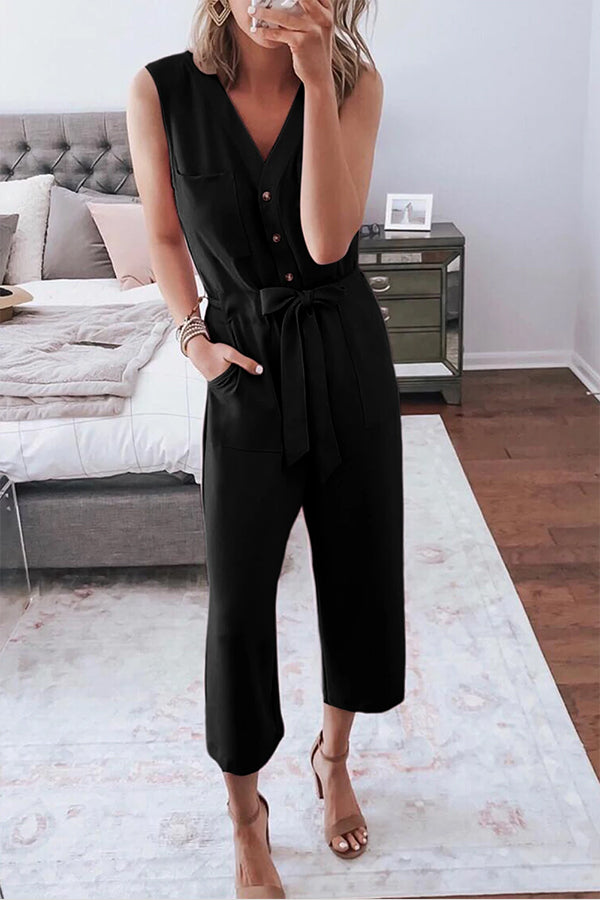Stunncal Buttoned Sleeveless Cropped Jumpsuit With Sash