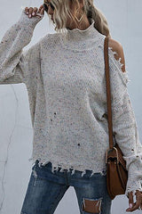 Stunncal Loose Off-shoulder Ripped Long-sleeved High-neck Knitted Sweater