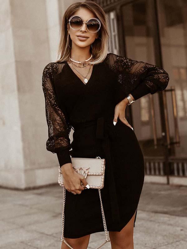 Stunncal Lace V-Neck Knitted Dress
