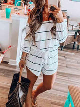 Stunncal Long Sleeve Striped Off Shoulder Casual Wear Romper