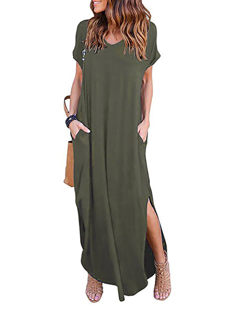 Stunncal V-Neck Pocket Split Dress(8 colors)