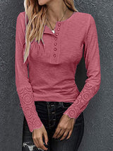 Stunncal Round Neck Stitching Lace Long Sleeve T-Shirt(14 colors)