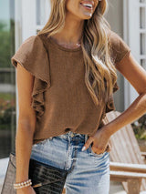 Stunncal Round Neck Ruffle Knit Casual T-shirt