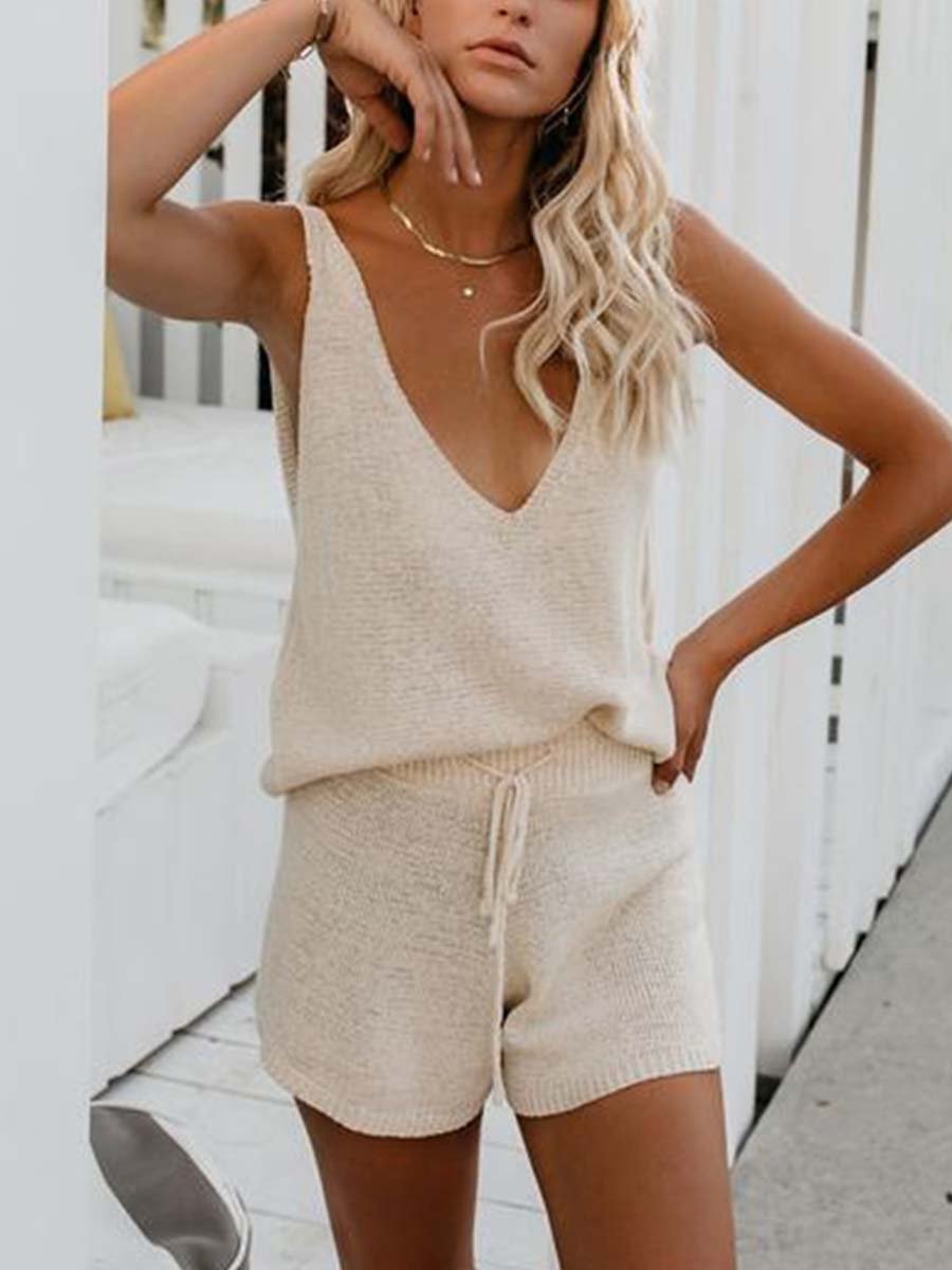 Stunncal V Neck Cutout Shorts Two Set (3 colors)