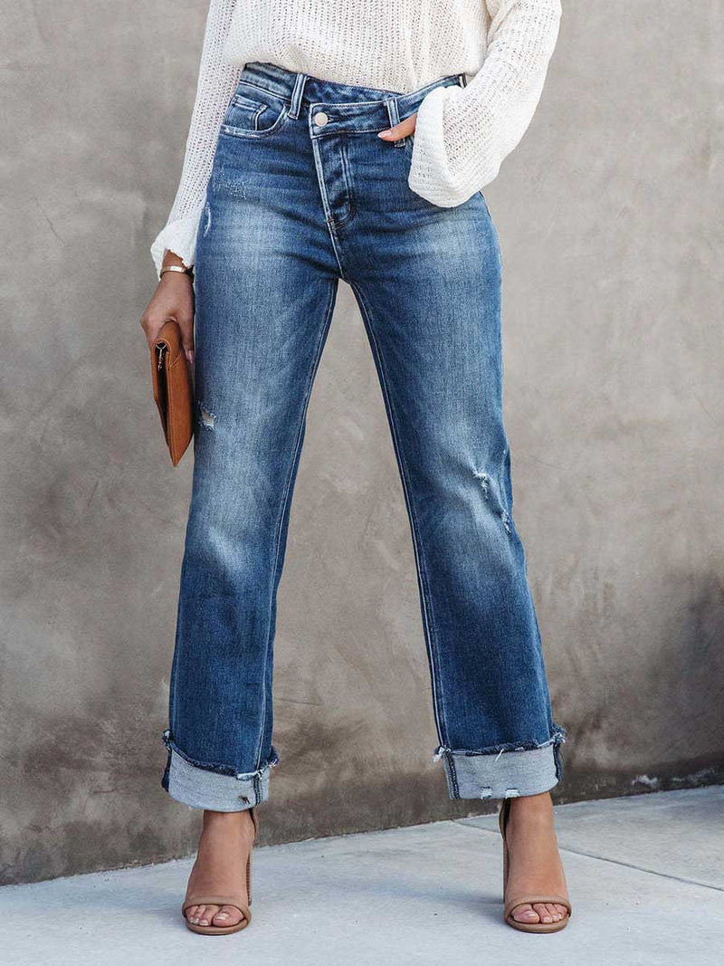 Stunncal Casual Street Solid Make Old Asymmetrical Straight Denim Jeans