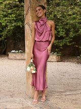 Stunncal Sleeveless Hanging Neck Solid Color Satin Dress(6 Colors)