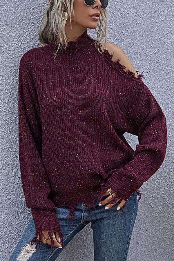 Stunncal Loose Off-shoulder Ripped Long-sleeved High-neck Knitted Sweater