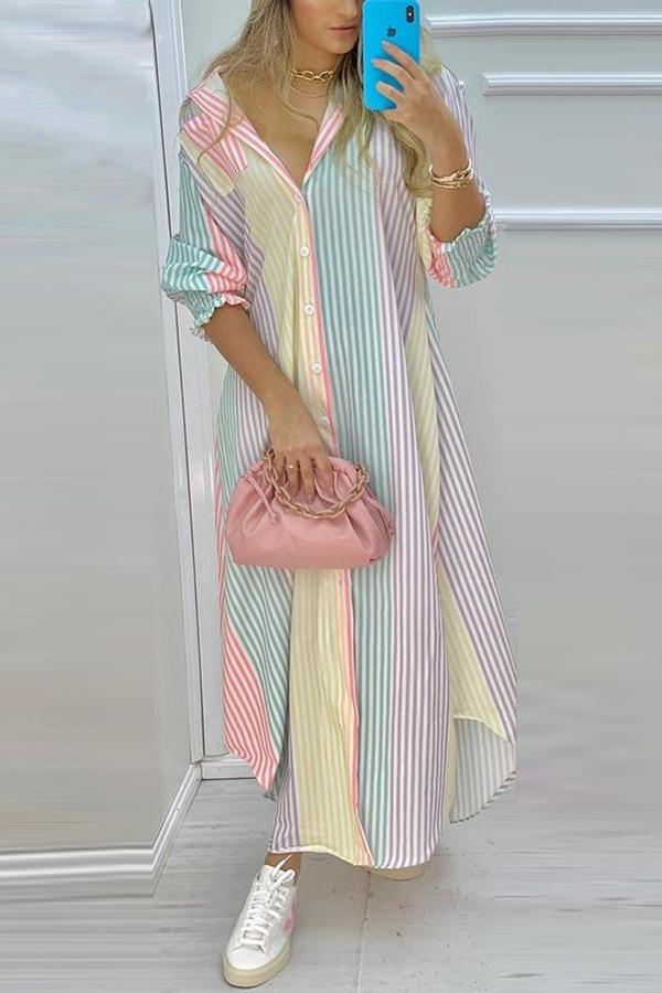 Stunncal Colorful Stripe Button Down Long Shirt Dress