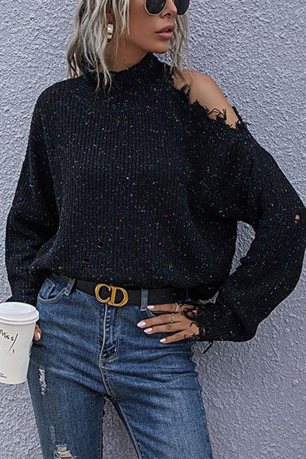 Stunncal Loose Off-shoulder Ripped Long-sleeved High-neck Knitted Sweater