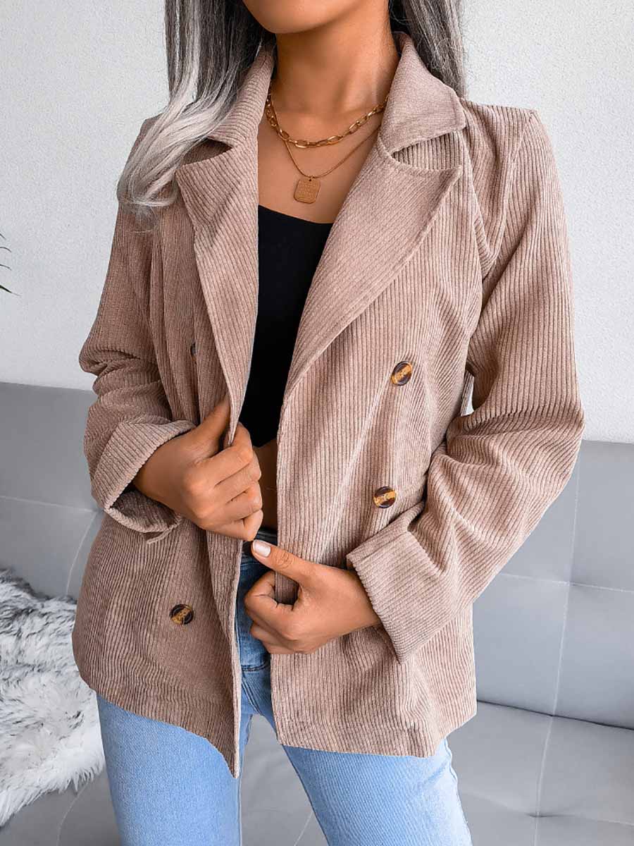 Stunncal Solid Color Corduroy Fashion Double-Breasted Jacket