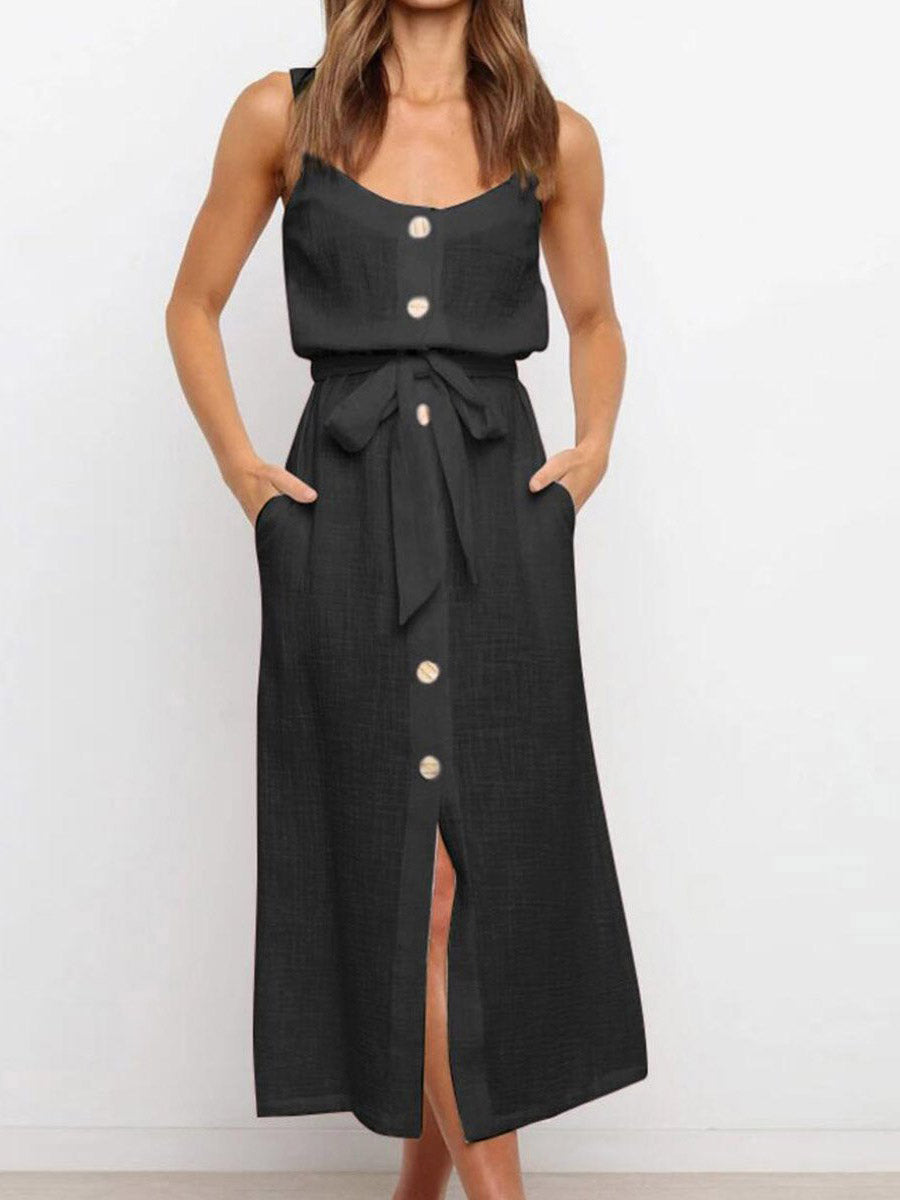 Stunncal Button Slit Belt Dress