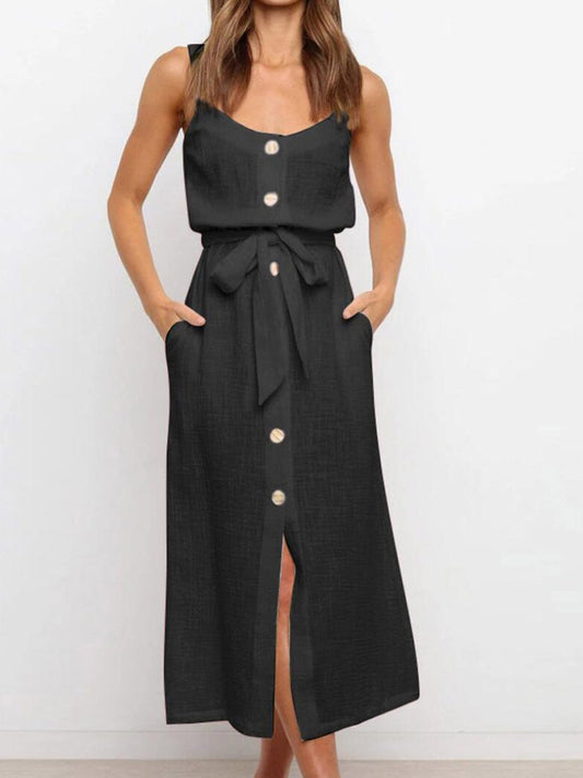 Stunncal Button Slit Belt Dress