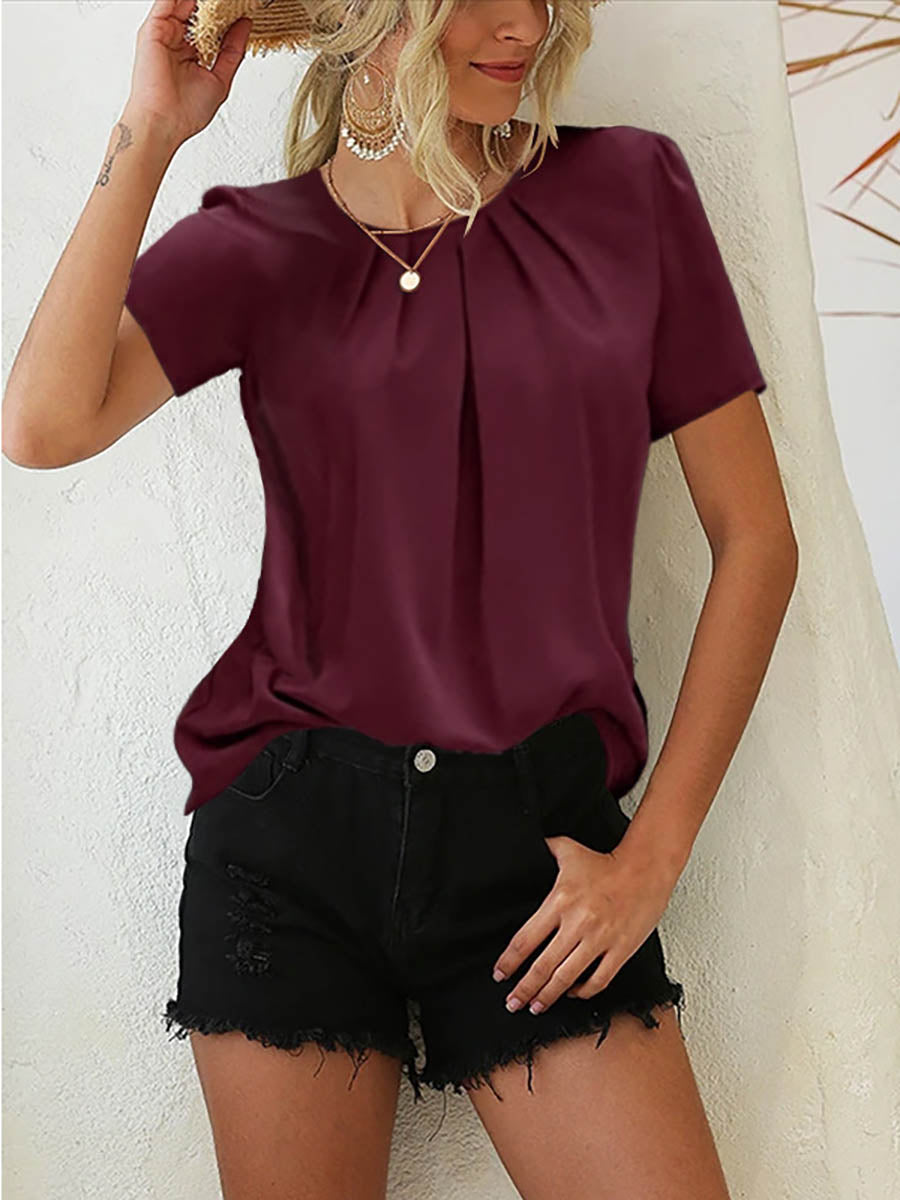 Stunncal Solid Color Pleated Round Neck T-Shirt(9 Colors)