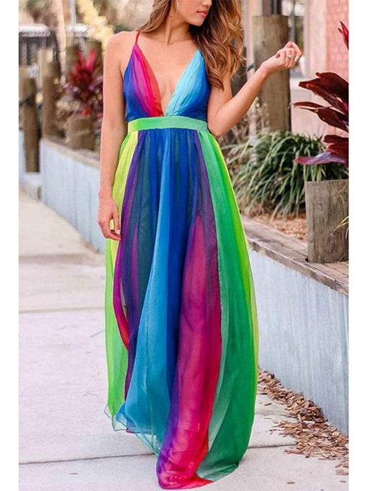 V-neck Colorblock Striped Sphagetti Maxi Dress