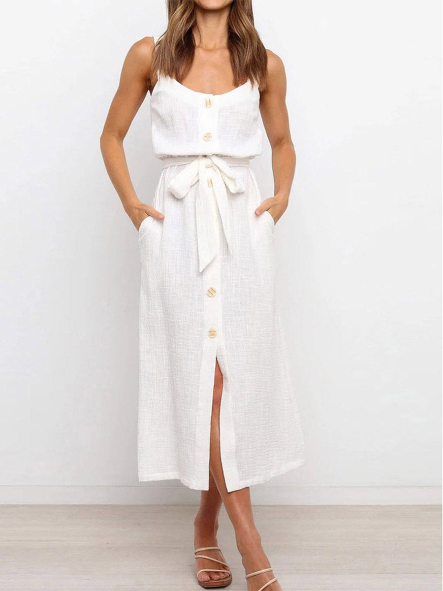 Stunncal Button Slit Belt Dress