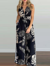 Stunncal Printed Hanging Neck Sexy Backless Split Jumpsuit