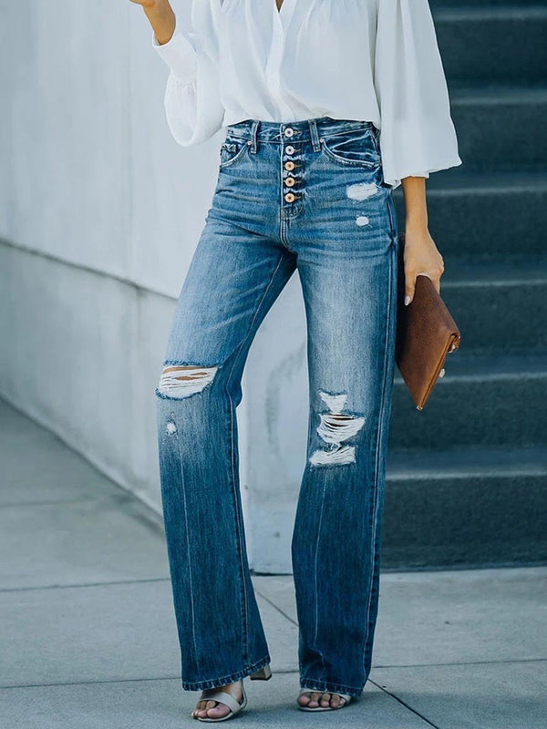 Stunncal Casual Street Solid Ripped Buckle High Waist Straight Denim Jeans