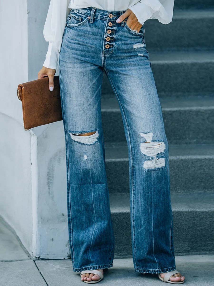 Stunncal Casual Street Solid Ripped Buckle High Waist Straight Denim Jeans