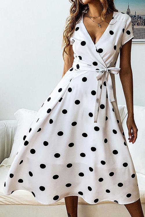 Stunncal Dot Print V Neck Sleeveless Dress
