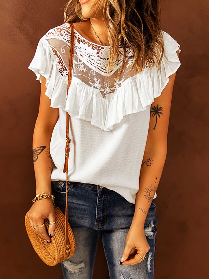 Stunncal Lace Ruffle Round Neck Top
