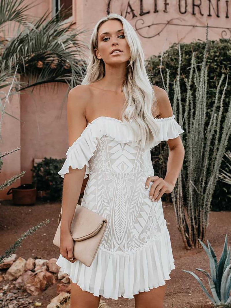 Stunncal Lace Pleated Ruffle One-Shoulder Dress