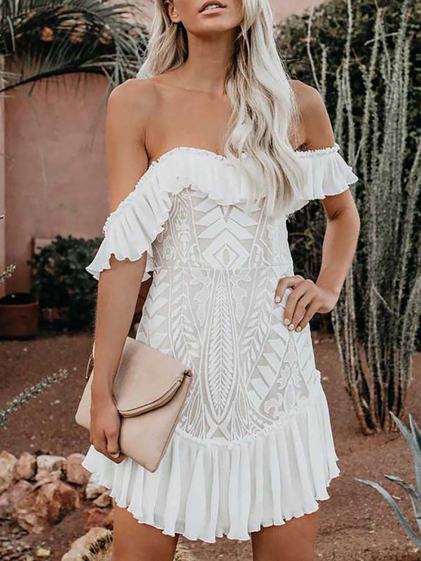 Stunncal Lace Pleated Ruffle One-Shoulder Dress