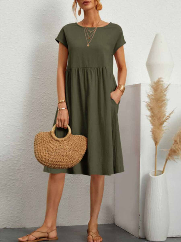 Stunncal Casual Solid Patchwork O Neck A Line Short Sleeve Dress(11 Colors)