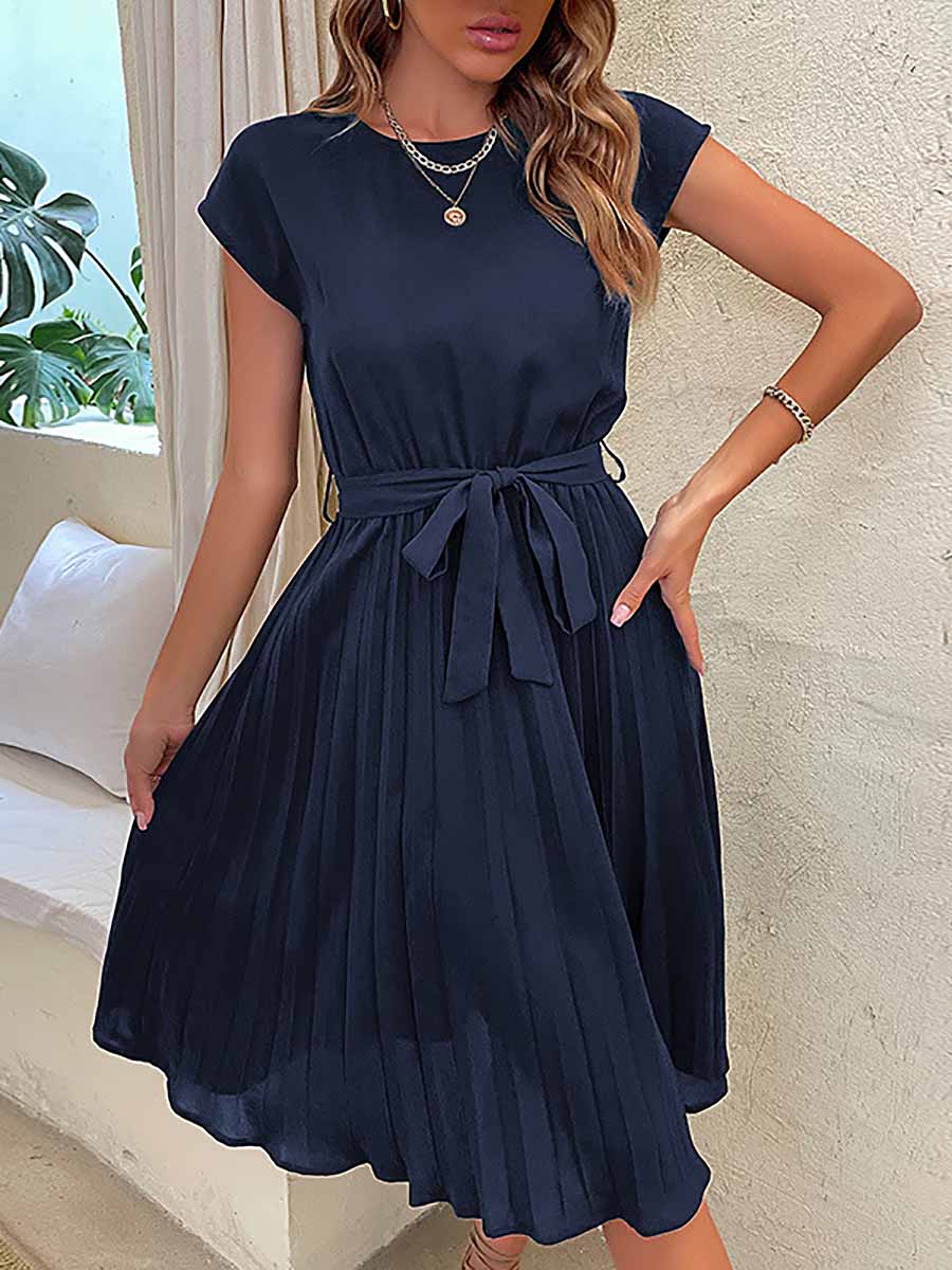 Stunncal Solid Color Lace-Up Pleated Dress