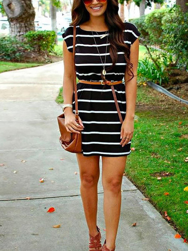 Stunncal Crewneck Short Sleeve Color Block Striped Dress