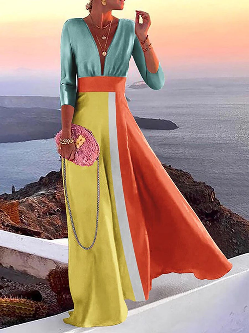 Stunncal Fashion Print Long Sleeve Plunge V Neck Color Block Dresses