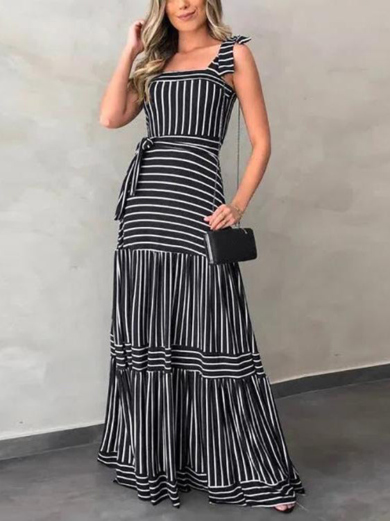 Stunncal Stripe Bow Tie Belted Maxi Dress