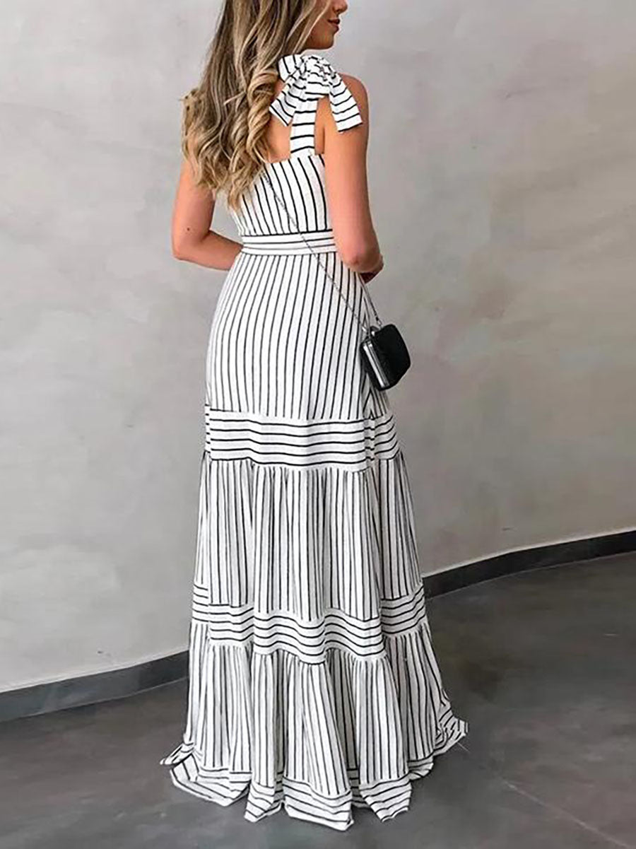 Stunncal Stripe Bow Tie Belted Maxi Dress