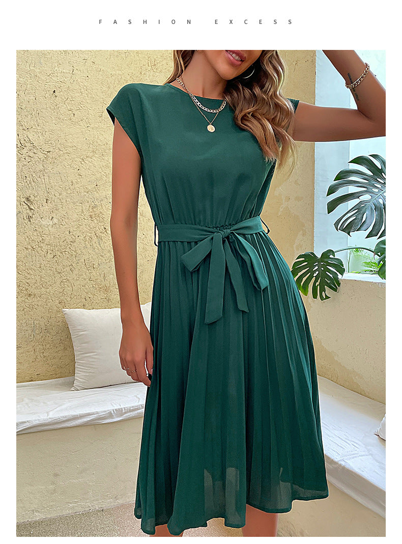 Stunncal Solid Color Lace-Up Pleated Dress