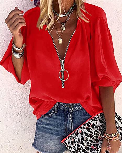 Stunncal Solid Color V-Neck Zipper Shirt