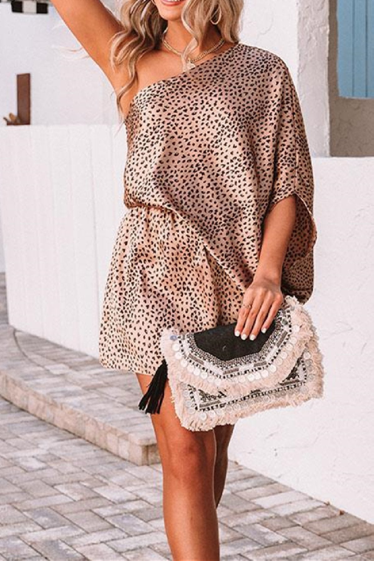 Stunncal One Shoulder Leopard Mini Dress