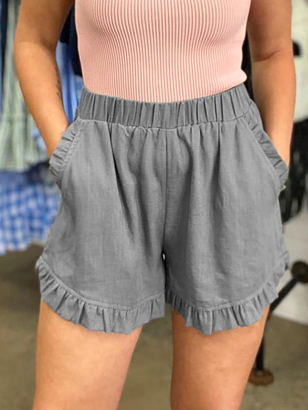 Stunncal Elastic Waist Wide Leg Ruffle Cotton Linen Shorts
