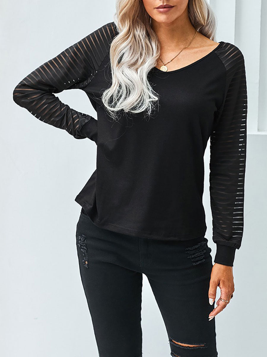 Stunncal Hollow Striped Long Sleeve V-Neck Top(6 colors)