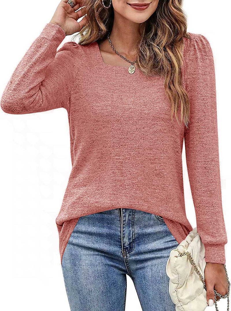 Stunncal Solid Color U-Neck Ruffled Long Sleeve Casual Shirt